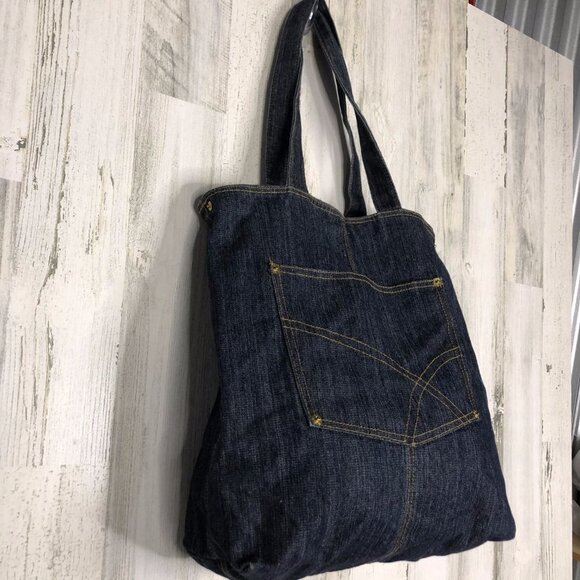 Womens Blue Denim Cotton Pockets Tote Bag - Picture 3 of 5